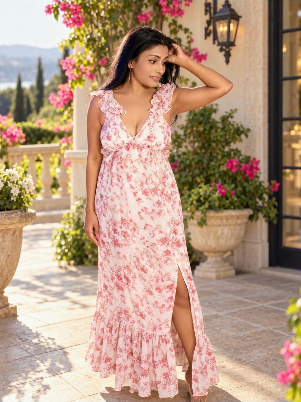 NWT Indulge In Style Pink Floral Ruffle Maxi Dress Womens Size Small